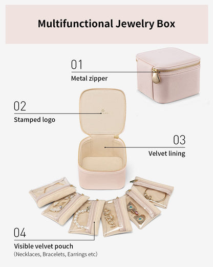 Travel Jewelry Case with 6 Clear Velvet Zipper Pouches (B.6 PCS Pink)