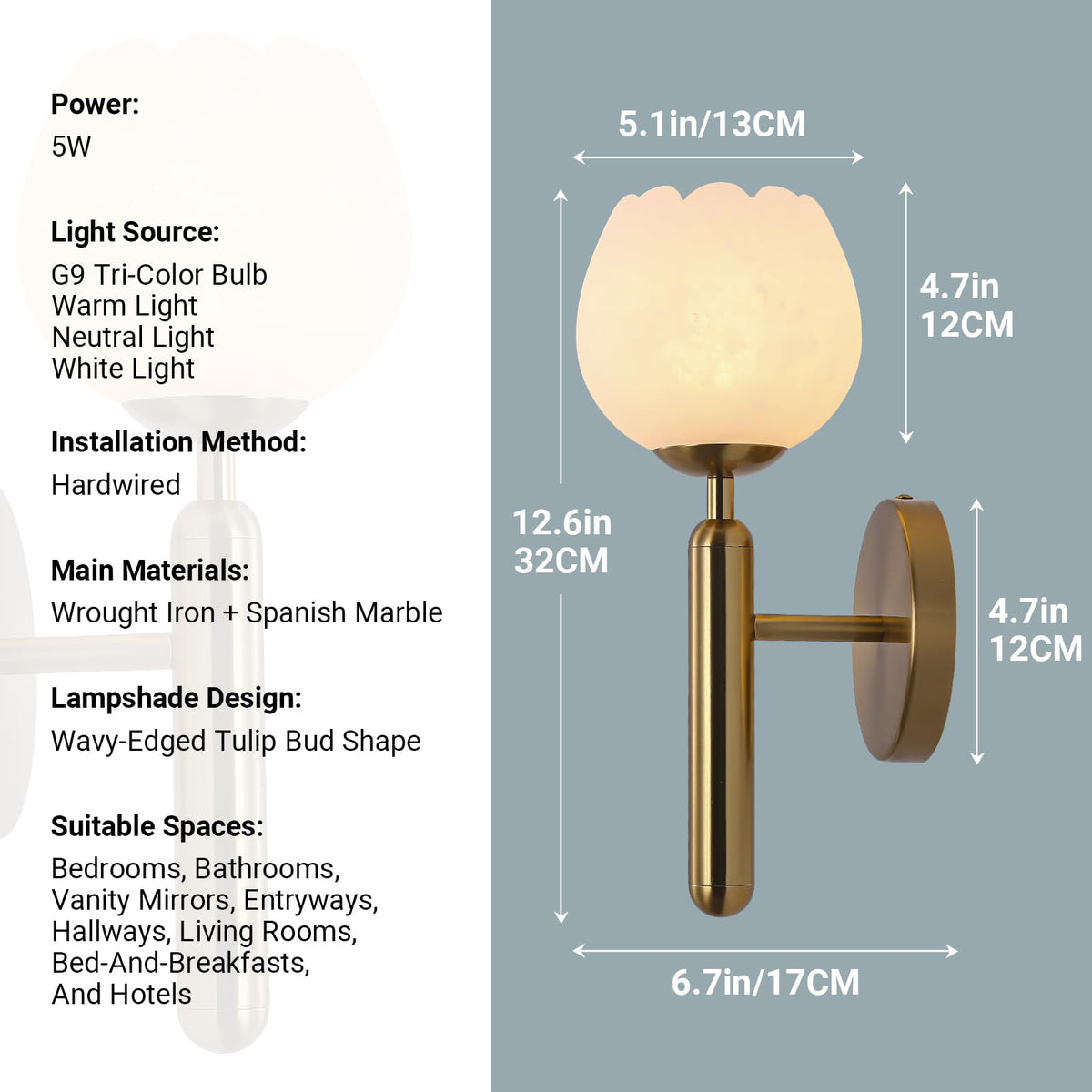 12.6in Alabaster Wall Sconces (Gold-12.6in-1 Pack)
