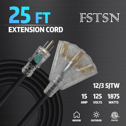25FT 12 Gauge Extension Cord 3 Outlet (Black / 25FT)