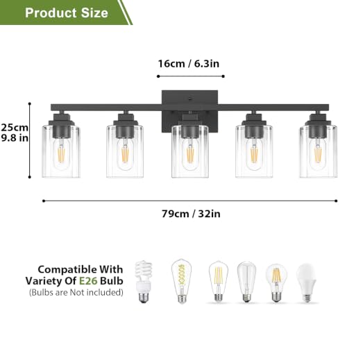 Matte Black Bathroom Light Fixtures (Black-Clear Shade / 5-Light)