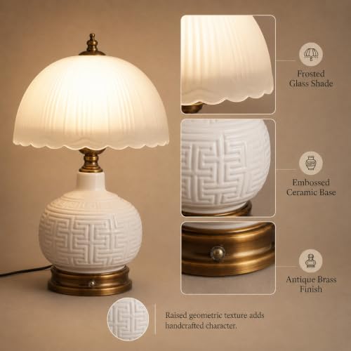 16" Vintage White Ceramic Table Lamp for Bedroom (White Ceramic + White Shade（Chinese）)