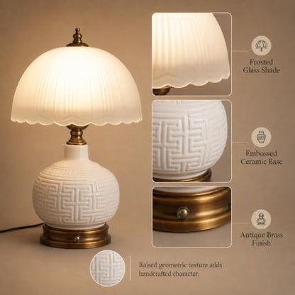 16" Vintage White Ceramic Table Lamp for Bedroom (White Ceramic + White Shade（Chinese）)