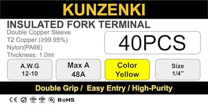 40pcs Nylon PA66 Insulated Fork Terminals (YELLOW(A.W.G12-10) / #10(M5))