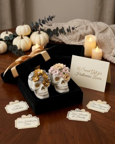 2 Gothic Halloween Decor Resin Pastel Flower Skull Figurines (Floral Skull)