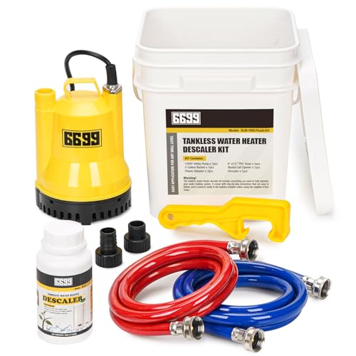 Tankless Water Heater Flushing Kit Includes Submersible Sump Pump with Two Adapters & Cleaner & 3 Gallons Pail with Bucket Lid Opener & Two 1