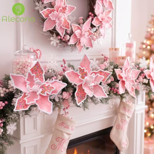 12 PCS 13in Pink Candy Cane Poinsettia Artificial Christmas Flowers (Pink Candy)