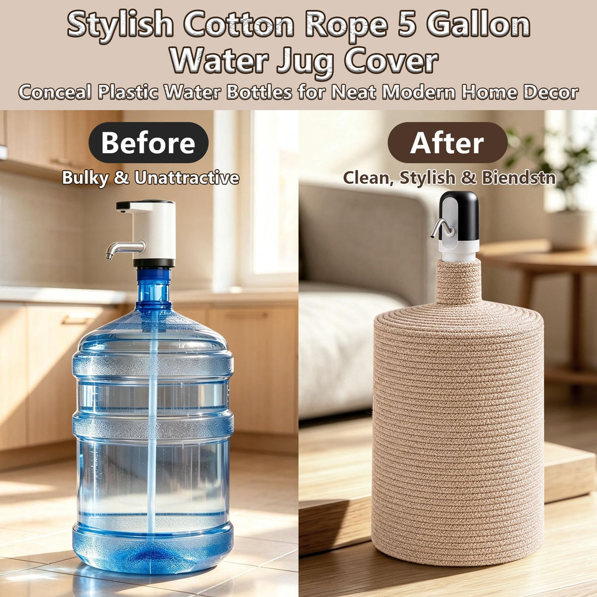 Woven Jute Water Jug Cover for 5 Gallon Bottles Water Dispenser (Khaki)