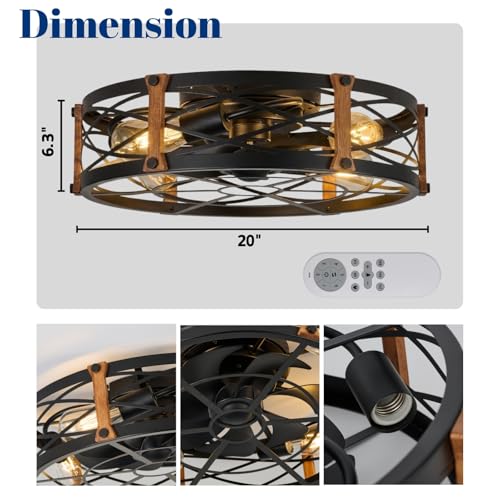 20" Black Farmhouse Caged Ceiling Fan with Light & Remote