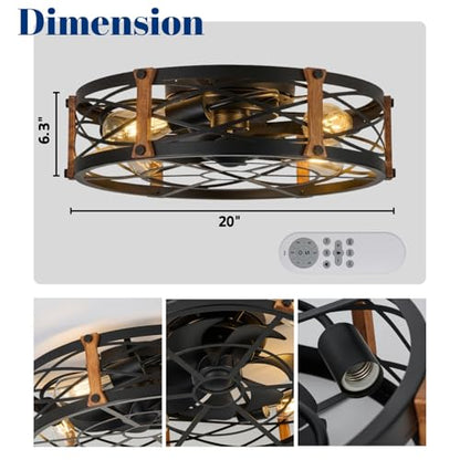 20" Black Farmhouse Caged Ceiling Fan with Light & Remote