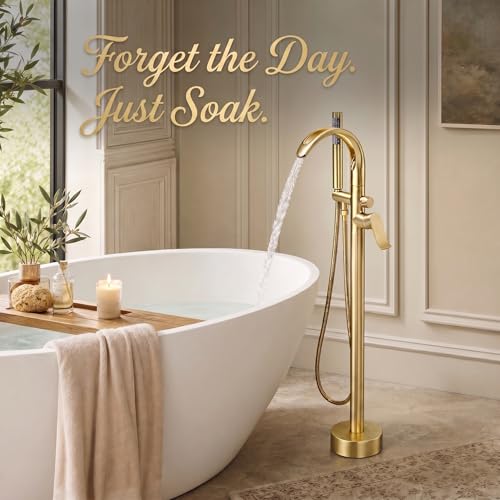 Freestanding Bathtub Faucet Stand Alone High Flow Brass Brush Gold Tub Filler