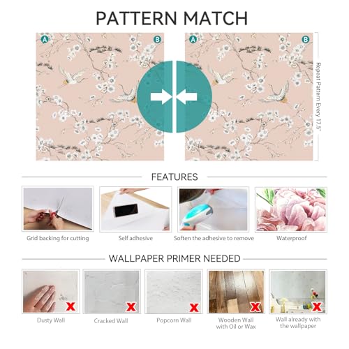 Pink Crane Wallpaper Peel and Stick Japanese Cherry Blossom Wallpaper Vintage Asian Bird Flying Crane Contact Paper Self Adhesive