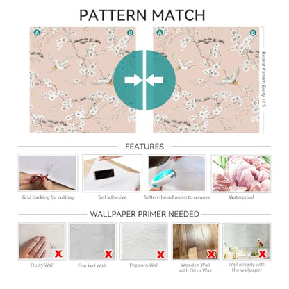 Pink Crane Wallpaper Peel and Stick Japanese Cherry Blossom Wallpaper Vintage Asian Bird Flying Crane Contact Paper Self Adhesive