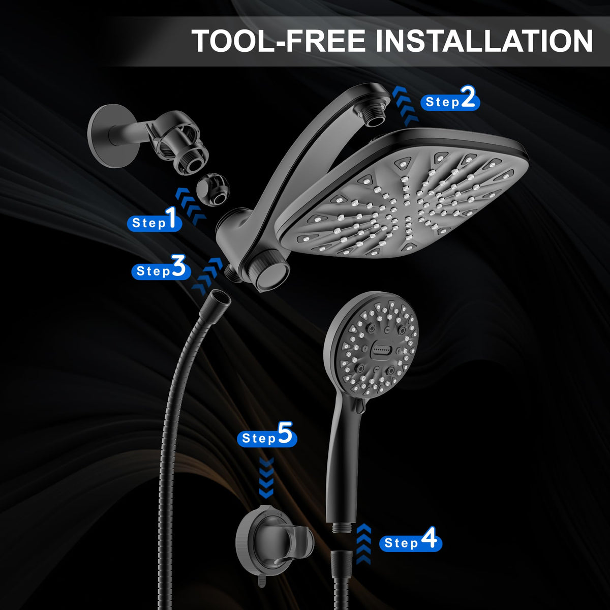 Dual Rainfall Shower Head With 8 (Matte Black)