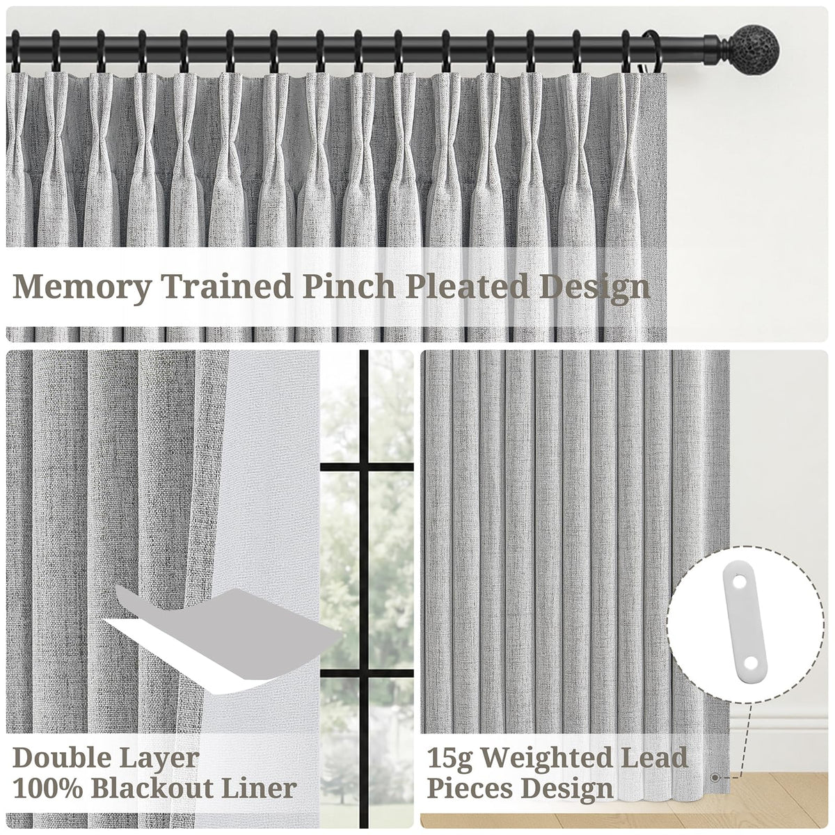 Extra Long 108 Inch Pinch Pleated Blackout Curtains 2 Panels (Lightgrey / 50"W x 108"L (Pack of 2))