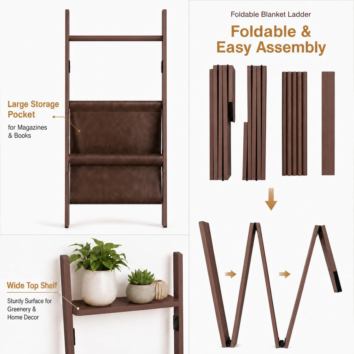 71" 4-in-1 Blanket Ladder for Living Room, 5-Tier Leaning Bamboo Decorative Towel & Quilt Rack with Magazine Leather Pocket, 4 Detachable Hanging Bars, Space-Saving Shelf for Bedroom (Brown) (Brown)