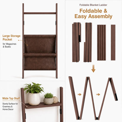 71" 4-in-1 Blanket Ladder for Living Room, 5-Tier Leaning Bamboo Decorative Towel & Quilt Rack with Magazine Leather Pocket, 4 Detachable Hanging Bars, Space-Saving Shelf for Bedroom (Brown) (Brown)