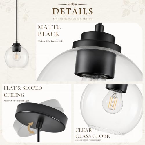 6" Black Globe Pendant Light Ribbed Glass Pendant Lights Kitchen Island Height Adjustable Mid