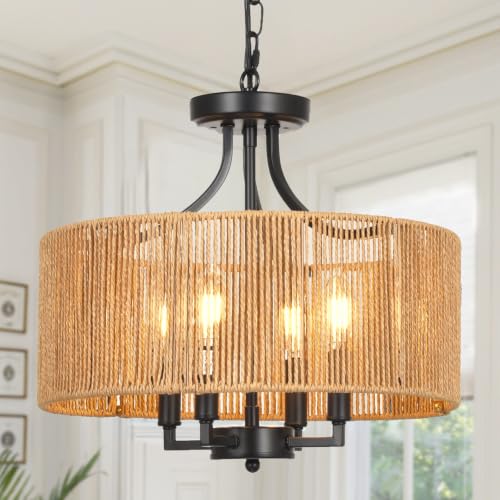 2-in-1 Convertible Rattan Boho Chandelier Pendant Light Fixture for Dining Room Bedroom Living Room