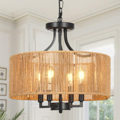 2-in-1 Convertible Rattan Boho Chandelier Pendant Light Fixture for Dining Room Bedroom Living Room