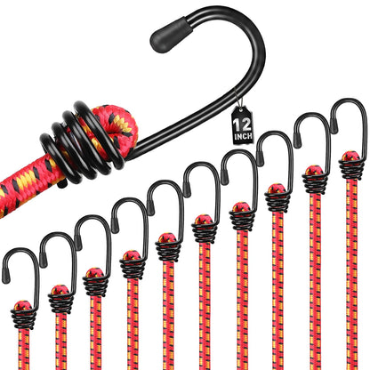 10 Piece 12" Elastic Bungee Cords with Hooks (10pcs 12" Red)