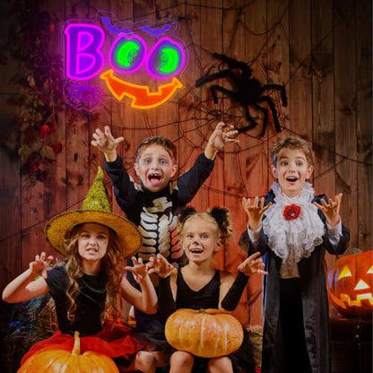 Halloween Neon Sign Dimmable Boo Spooky Smile Led Neon Signs for Wall Decor (Multicolor-BOO b)