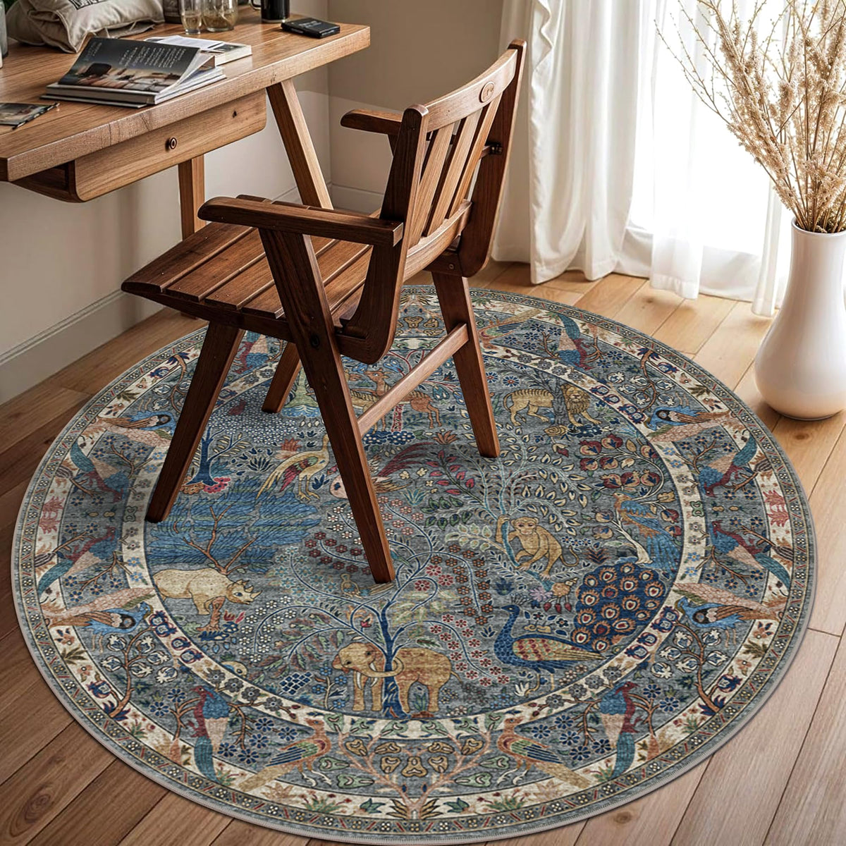 4ft Round Rug Circular Animal Print Area Rug Low Pile Indoor Rug (Dusty Blue/Multi / 4' (Round))