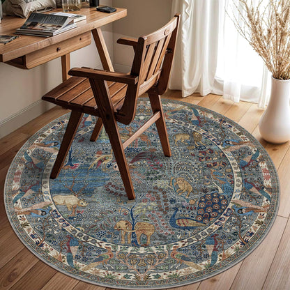 4ft Round Rug Circular Animal Print Area Rug Low Pile Indoor Rug (Dusty Blue/Multi / 4' (Round))