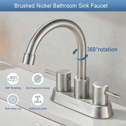 Bathroom Sink Faucet 4 Inch Two Handle Centerset Vanity Faucet Stainless Steel Touch On Faucets with Two Water Supply Lines for Bathroom Sink Vanity RV