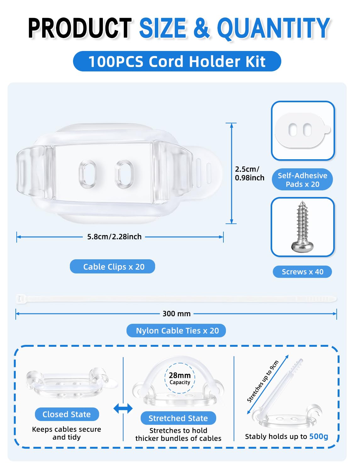 20 Pack Adhesive Cable Clips (Transparent)