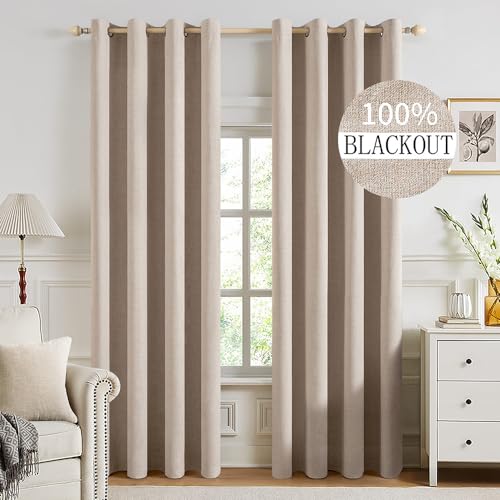 100% Blackout Linen Curtains for Bedroom 52x94 Inches Natural Beige (Beige / 52"W x 94"L (Pack of 2))