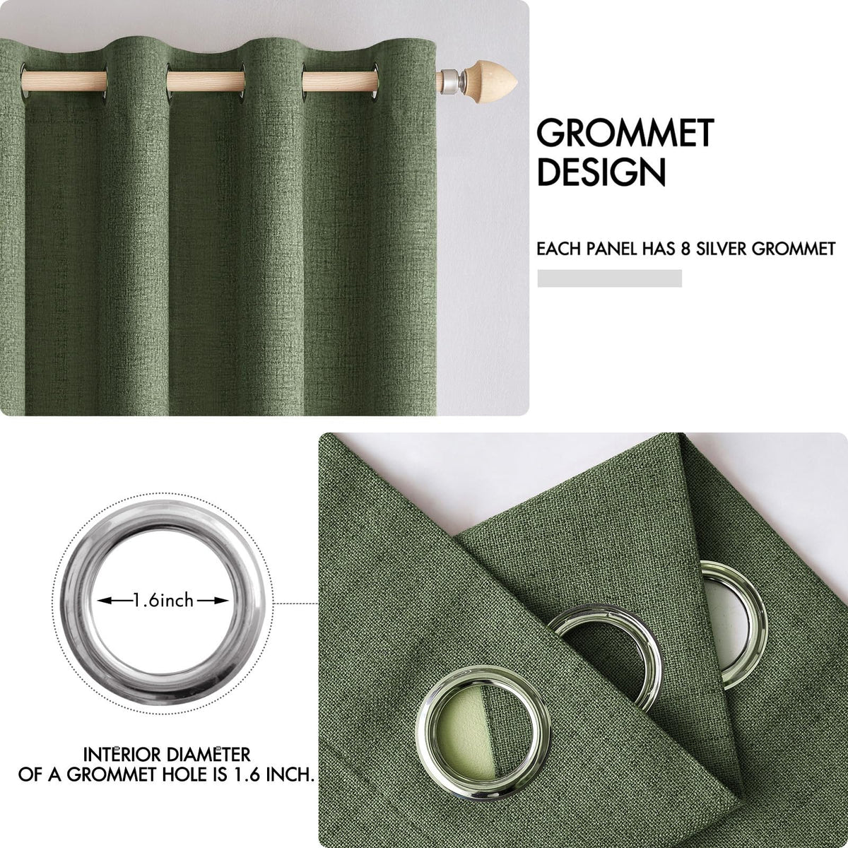 100% Blackout Linen Curtains for Bedroom 52x96 Inches Olive Green (Olive Green / 52"W x 96"L (Pack of 2))