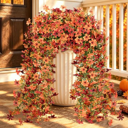 2PCS 344 Blooms Artificial Fall Flowers (2*red Orange 360-blooms Six-petaled Hanging Flowers)