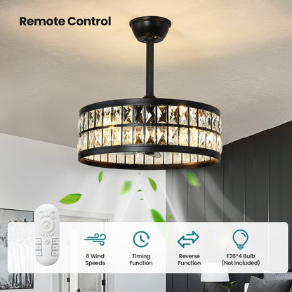 Black Caged Ceiling Fan with Light and Remote Control 19" Bladeless Crystal Modern Fandelier Semi Flush Mount Farmhouse Chandelier Ceiling Fan for Kitchen Bedroom Dining Room (Black)