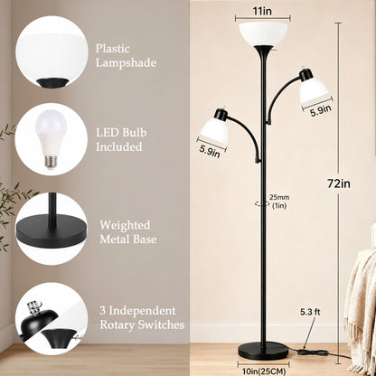72" 3 Head Torchiere Floor Lamps with 2 Reading Lamp for Living Room (Black)