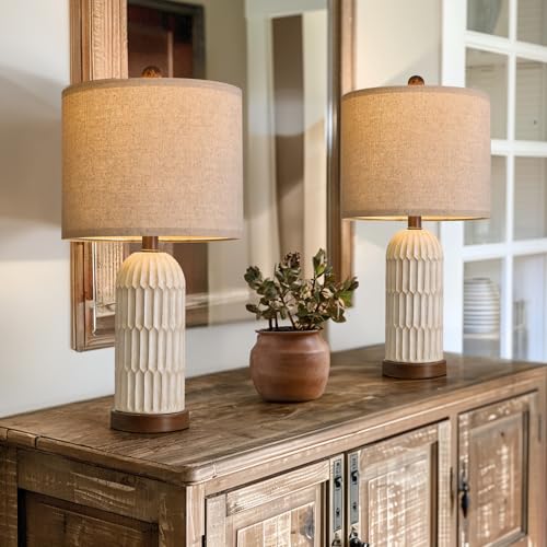 Table Lamp Set of 2 for Bedroom Living Room with USB A+C Charging Ports Modern Farmhouse Bedside End Lamps Rustic Nightstand Lamps