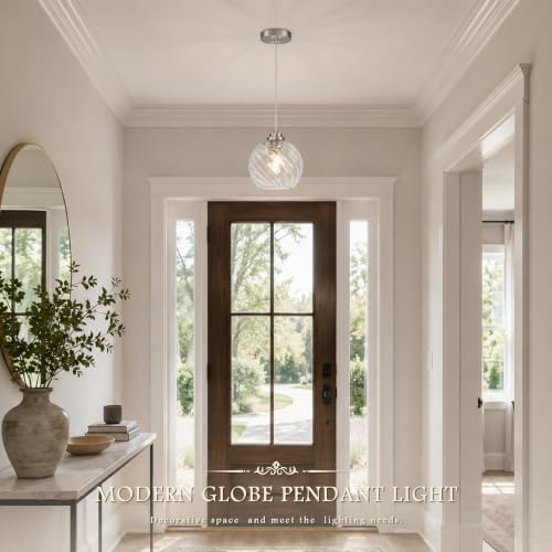 8" Nickel Globe Pendant Light Ribbed Glass Pendant Lights Kitchen Island Height Adjustable Mid (Nickel & Fluted Glass / 8 Inch)