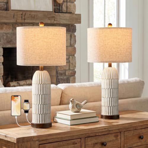 Table Lamp Set of 2 for Bedroom Living Room with USB A+C Charging Ports Modern Farmhouse Bedside End Lamps Rustic Nightstand Lamps