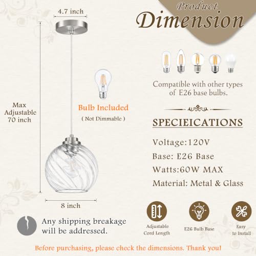 8" Nickel Globe Pendant Light 2 Pack Ribbed Glass Pendant Lights Kitchen Island Height Adjustable Mid (Nickel & Fluted Glass / 8 Inch)