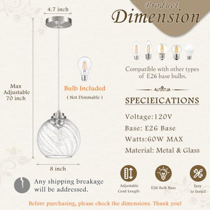 8" Nickel Globe Pendant Light 2 Pack Ribbed Glass Pendant Lights Kitchen Island Height Adjustable Mid (Nickel & Fluted Glass / 8 Inch)