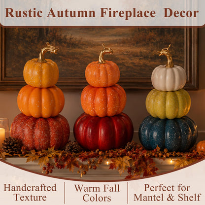 3Pcs 8.75" Stacked Pumpkin Tower Decor (Orange Blue & Yellow)
