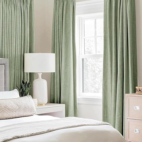 100% Blackout Linen Curtains for Bedroom 52x63 Inches Sage Green (Sage Green / 52"W x 63"L (Pack of 2))