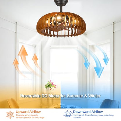 Wooden Caged Ceiling Fan Bladeless Farmhouse Fandelier Reversible for Small Bderoom Dining Living Room