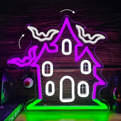 Haunted House with Flying Bat Halloween Neon Sign Dimmable Led Wall Decor (Haunted House)