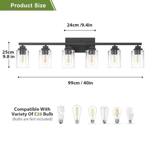 Matte Black Bathroom Light Fixtures (Black-Clear Shade / 6-Light)