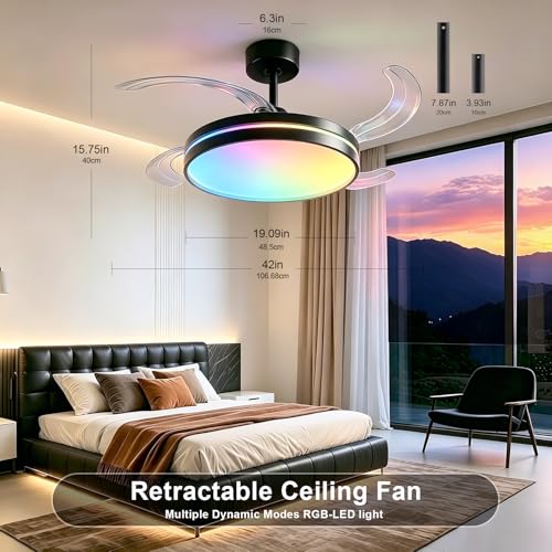 Retractable Ceiling Fan with Light and Remote