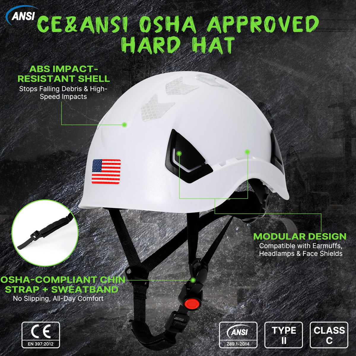 Type 2 OSHA Approved Hard Hat with Chin Strap (White Hard Hat)