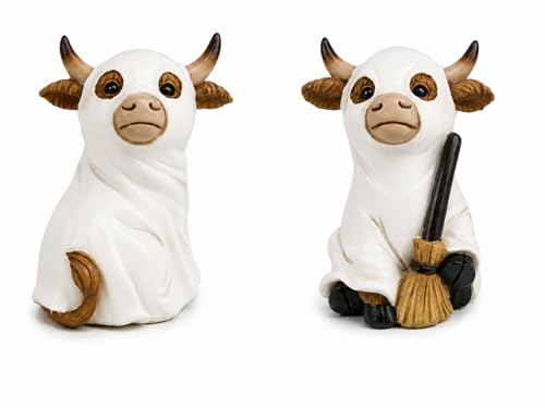2 Resin Cow Ghost Figurines Halloween Tabletop Decor (Highland Cow Ghost)