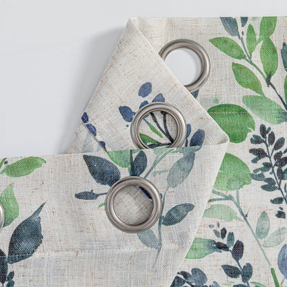Floral Linen Curtains 54 inch Length 2 Panels Set Leaf Patterned Semi Sheer Light Filtering Privacy Farmhouse Grommet Drapes for Bedroom Small Window (B-green / 52"W x 54"L (Pack of 2))