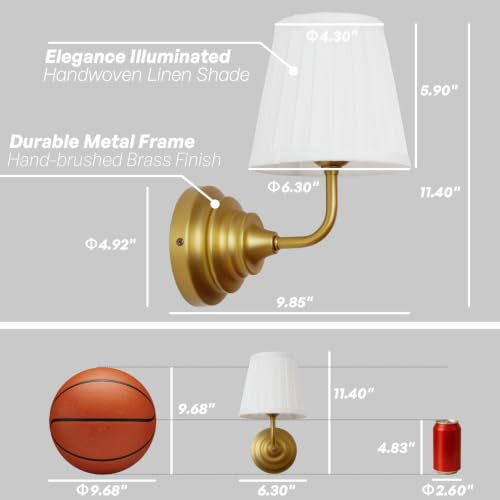 Vintage Wall Sconce Light Brass Gold Bathroom Vanity Light with Cotton Fabric Shade Hardwire Wall Sconce Lamp for Bedroom Living Room Bathroom Hallway Indoor