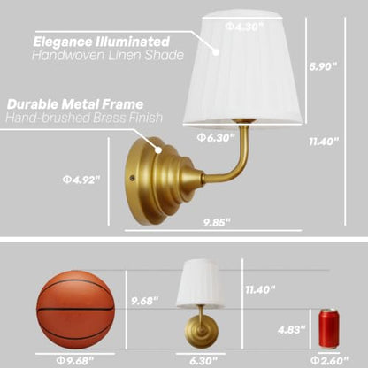 Vintage Wall Sconce Light Brass Gold Bathroom Vanity Light with Cotton Fabric Shade Hardwire Wall Sconce Lamp for Bedroom Living Room Bathroom Hallway Indoor